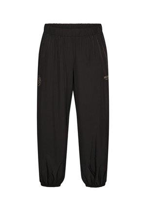 Pantalones de chándal negros con cintura elástica, puños elásticos y pequeños logotipos de texto claros en los laterales.