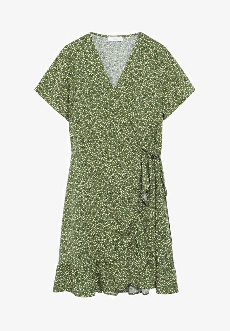 Grøn kortærmet slå-om-kjole med lille hvidt blomstermønster, V-udskæring, sidebindebånd og flæsekanter nederst.