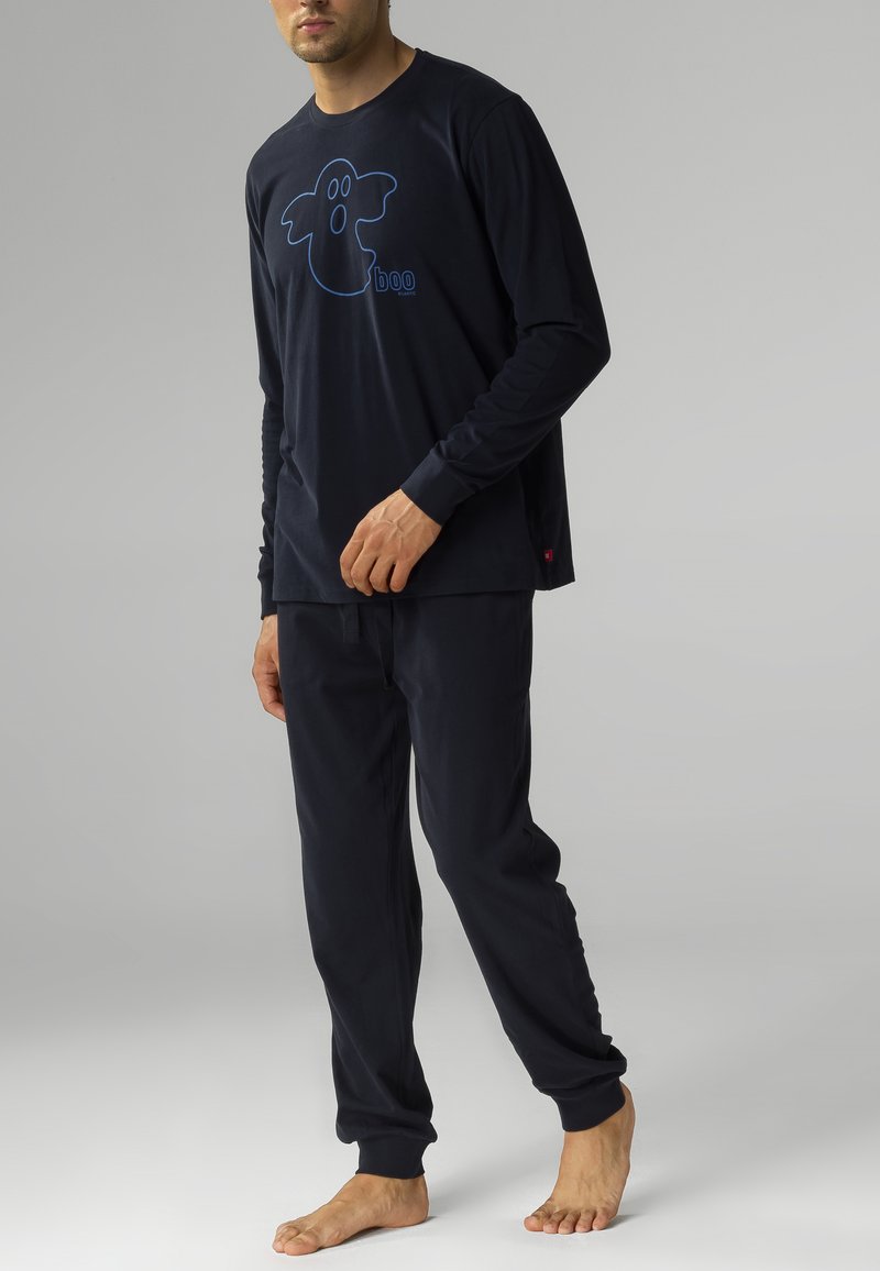 Granatowy zestaw odzieży lounge z bawełny, który zawiera bluzę z długim rękawem z niebieskim motywem ducha oraz napisem "boo", dopasowany do elastycznych spodni z pasa.