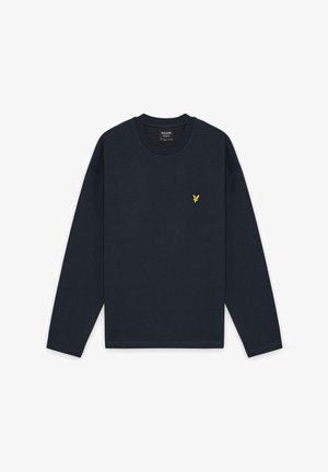 Marineblaues Langarmshirt mit Rundhalsausschnitt und kleinem gelbem Vogel-Logo auf der linken Brust. Einfaches, minimalistisches Design.