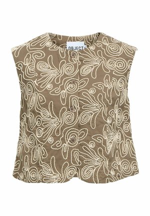 Brązowa kamizelka bez rękawów z białym abstrakcyjnym haftem w kształcie spirali, z zapięciem na guziki z przodu i okrągłym dekoltem.
