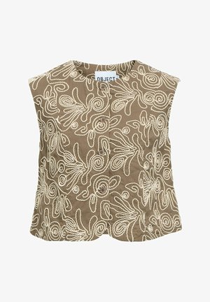 Brązowa kamizelka bez rękawów z białym abstrakcyjnym haftem w kształcie spirali, z zapięciem na guziki z przodu i okrągłym dekoltem.