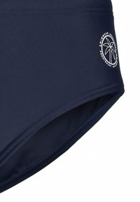 Bas de maillot de bain bleu marine avec une texture lisse, featuring un logo avec un palmier sur le côté, et des coutures plates pour le confort.