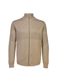 Beżowy sweter z zamkiem błyskawicznym, wysoko stójką, z fakturowanymi poziomymi paskami, ściągaczami na rękawach i u dołu, wykonany z miękkiego materiału.