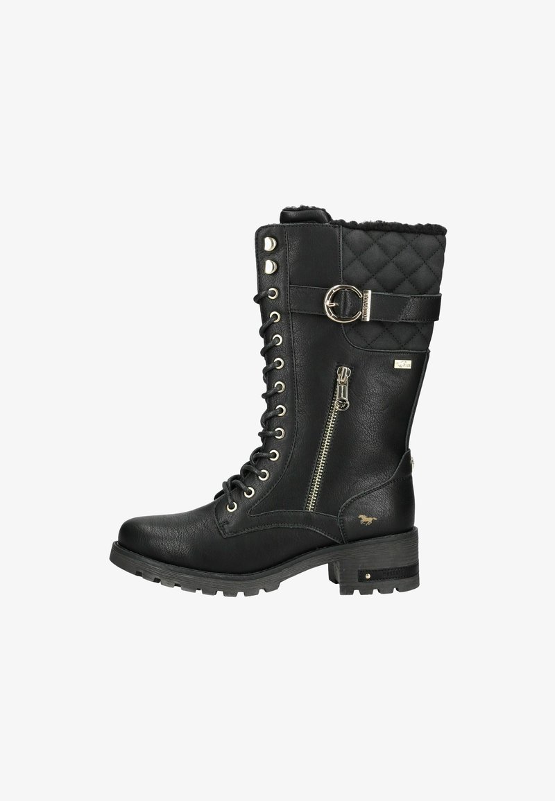 Botte de combat noire mi-mollet avec lacets à l'avant, fermeture éclair latérale, manchette supérieure matelassée, boucle décorative et talon bloc bas.