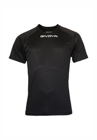 Sort atletisk t-shirt lavet af glat, let stof. Har en rund halsudskæring og korte ærmer med et logo trykt på forsiden.