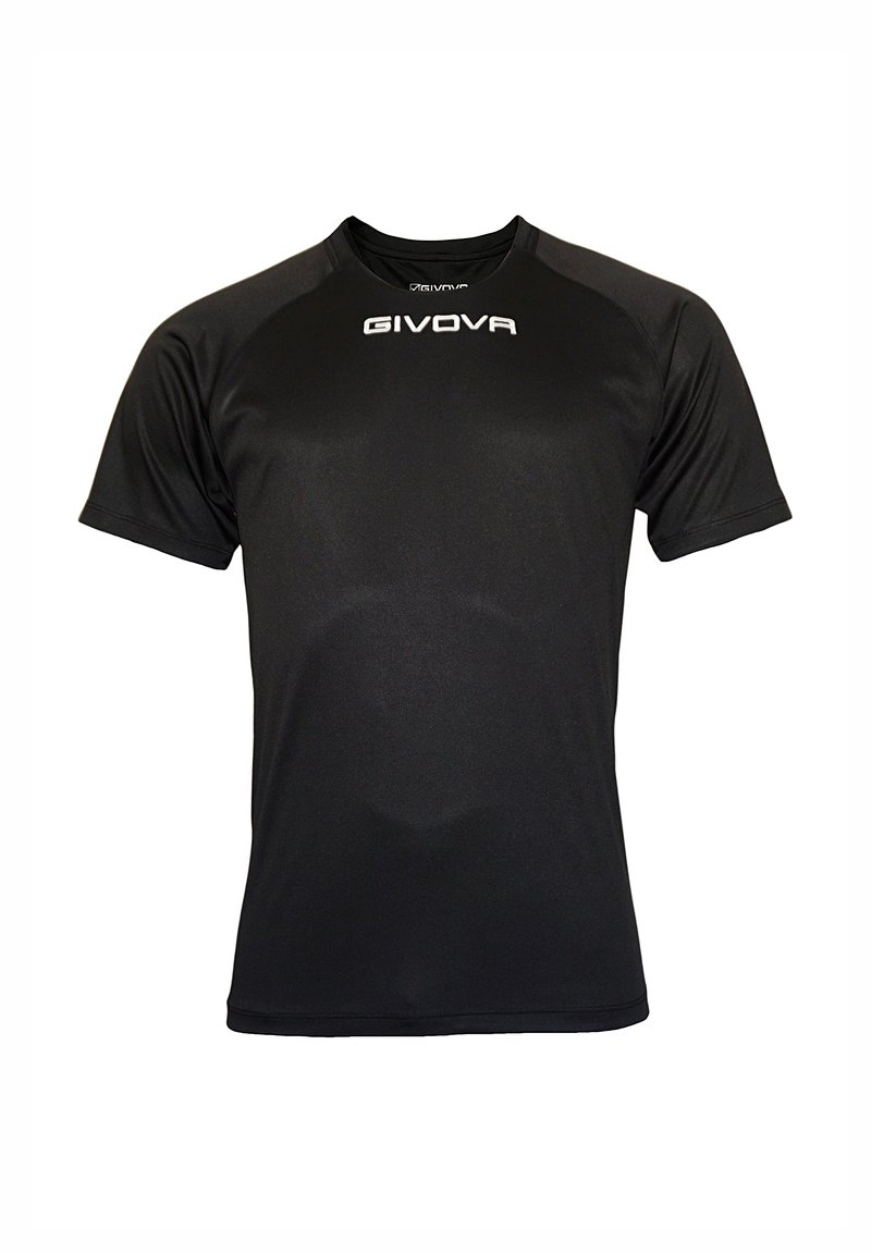 Sort atletisk t-shirt lavet af glat, let stof. Har en rund halsudskæring og korte ærmer med et logo trykt på forsiden.