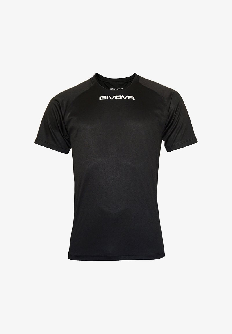 Sort atletisk t-shirt lavet af glat, let stof. Har en rund halsudskæring og korte ærmer med et logo trykt på forsiden.