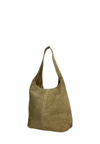 Bruine suède schoudertas met een brede schouderband en eenvoudige stikdetails, weergegeven tegen een witte achtergrond.