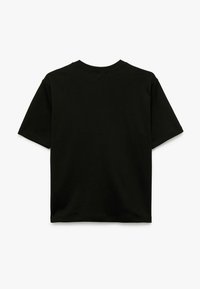 Zwarte t-shirt met korte mouwen van katoen, met een ronde hals en een gladde textuur. De achterzijde is vrij van logo's of versieringen.
