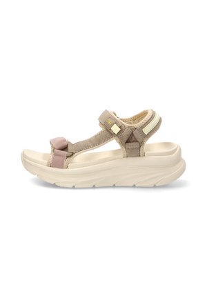 Sandalia beige y rosa con punta abierta, suela gruesa acolchada, tiras ajustables y suela exterior texturizada para uso casual.