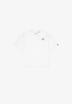 Maglietta bianca a maniche corte in maglia waffle con scollatura rotonda e piccolo logo nero rotondo sul lato sinistro del petto.