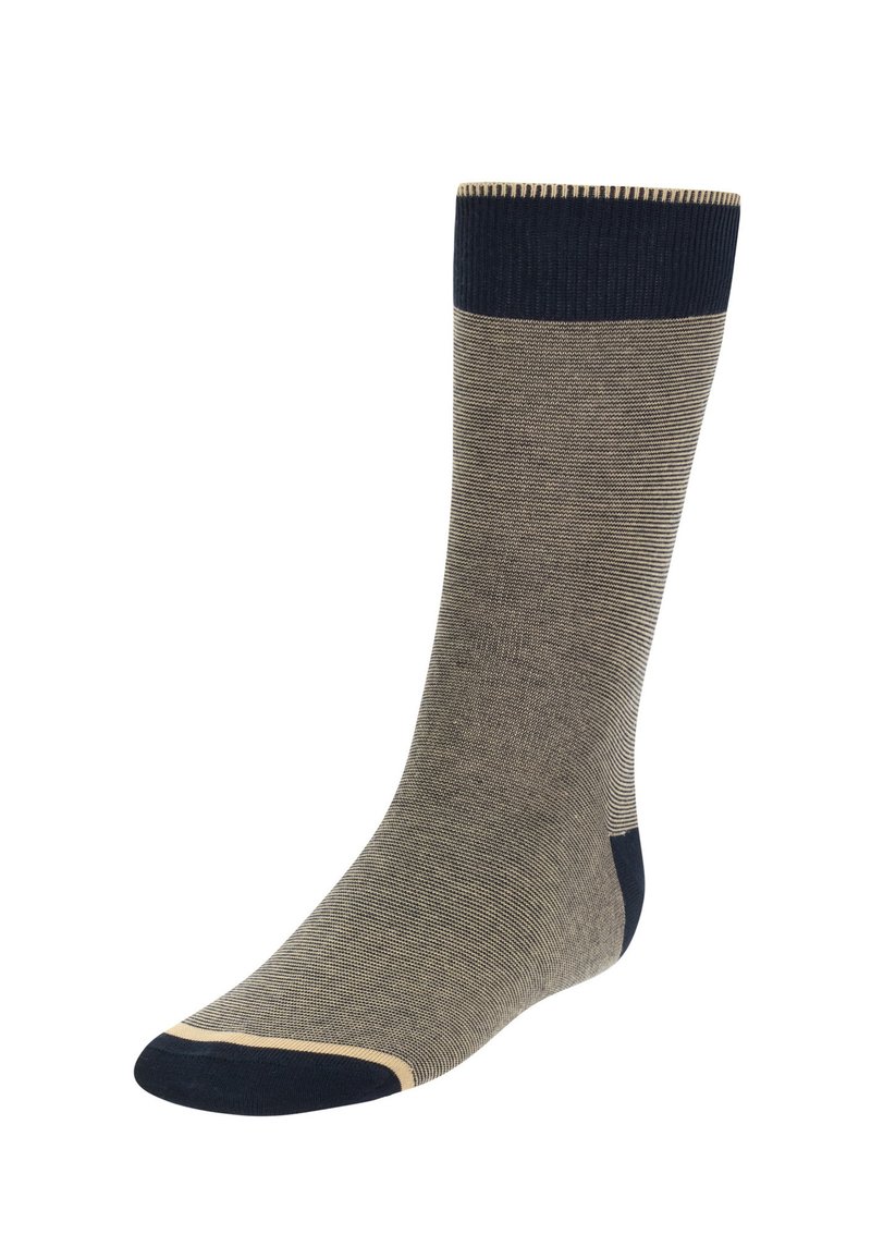Brun och marinblå randig strumpa med ribbat skaft, tillverkad av mjukt material. Har förstärkta tår och häl.