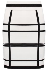Jupe crayon à mi-mollet en tissu blanc avec un motif à carreaux noirs. Dotée d'une taille noire unie et d'un matériau en maille texturée.