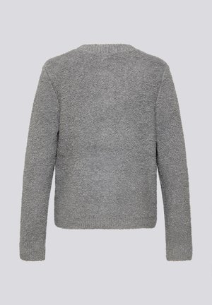 Grauer Pullover mit einer strukturierten, flauschigen Oberfläche. Er verfügt über lange Ärmel, einen abgerundeten Halsausschnitt und einen leicht verkürzten Schnitt. Keine sichtbaren Beschläge.