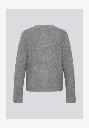 Grauer Pullover mit einer strukturierten, flauschigen Oberfläche. Er verfügt über lange Ärmel, einen abgerundeten Halsausschnitt und einen leicht verkürzten Schnitt. Keine sichtbaren Beschläge.