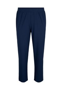Navy blue cropped pants made of soft, stretchy fabric with an elastic waistband and straight leg design. No notable patterns or hardware.
