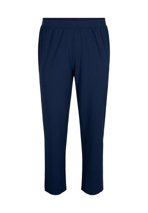 Pantalons cropped bleu marine en tissu doux et extensible, avec une taille élastique et une coupe droite. Pas de motifs ni de quincaillerie notables.
