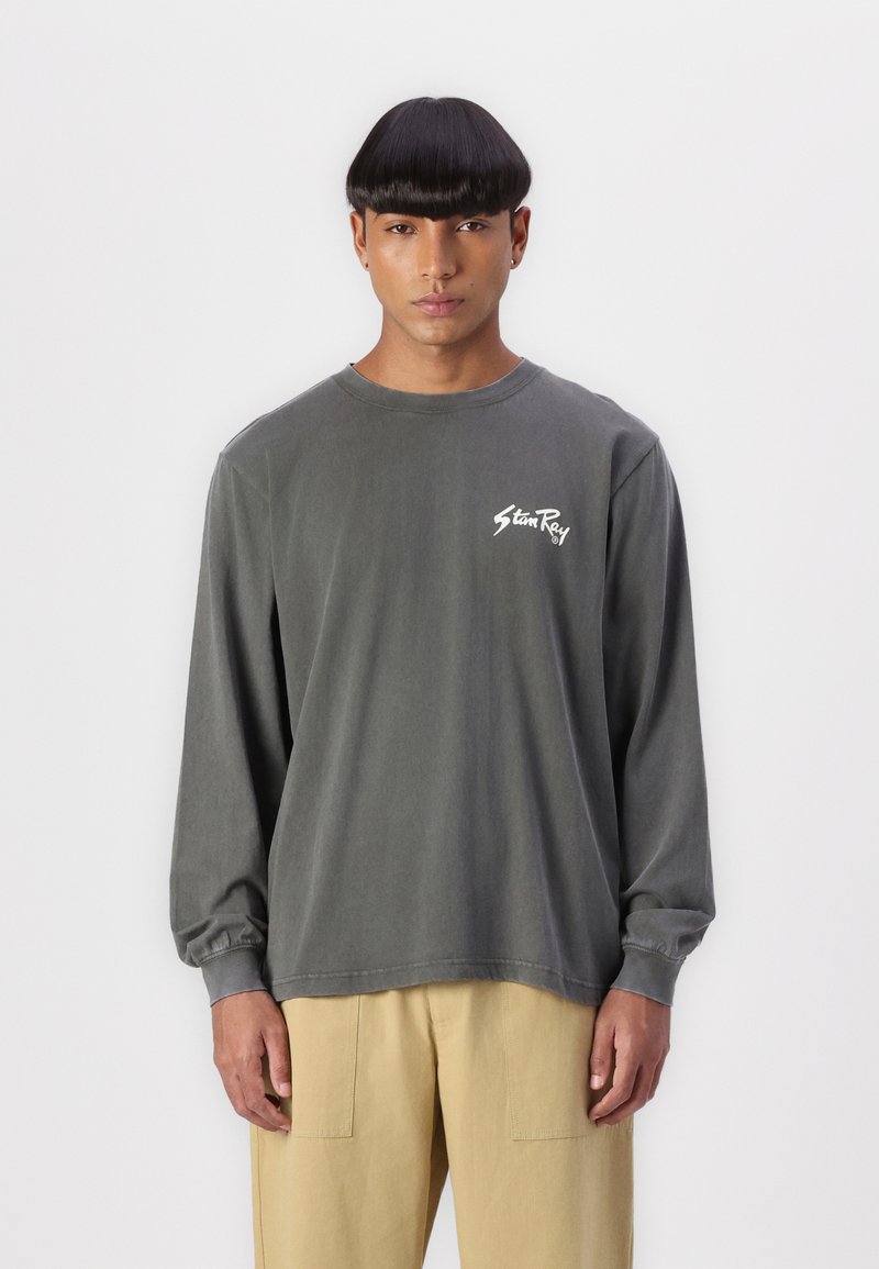 Long-sleeve, faded gray t-shirt with a round neckline and elastic cuffs features a white logo on the left chest.