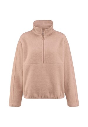 Fleece pullover in soft pink with a zippered mock neck, long sleeves, and a front pocket. Textured surface with reinforced seams.