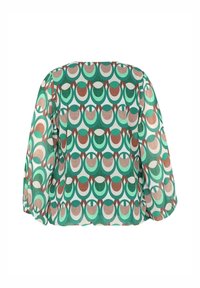 Blouse à manches longues avec motif rétro circulaire vert, sarcelle, marron et blanc, à coupe ample et fluide, vue de dos.