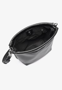 Black leather bag with a smooth texture, open top, and a zipper pocket inside. Features a detachable strap and a snap closure.