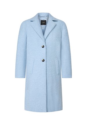Manteau bleu clair en mélange de laine avec une surface texturée, col à revers, deux poches avant et deux boutons noirs pour la fermeture.
