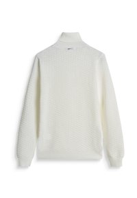 Maglione bianco a trama con colletto alto, maniche lunghe e polsi e orlo a coste. Il materiale presenta un leggero motivo in rilievo.