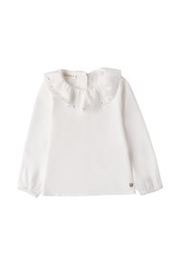 Blusa bianca a maniche lunghe con colletto arricciato, decorata con piccoli borchie argentate, caratterizzata da polsini elasticizzati e chiusura con bottone sul retro.
