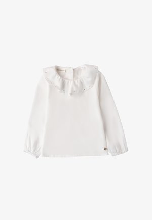 Witte blouse met lange mouwen en een geraffineerde kraag, versierd met kleine zilveren studs, met elastische manchetten en een sluiting met knopen aan de achterkant.