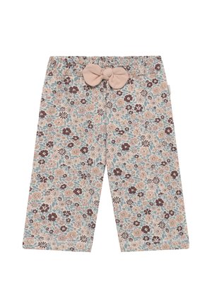 Kinder shortjes met een bloemmotief in pastelroze, blauw en bruin en een roze stoffen strik aan de elastische tailleband.