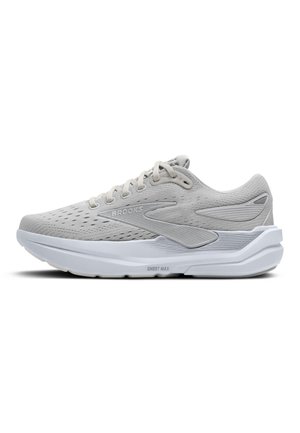 Light gray running shoe with a breathable mesh upper, textured detailing, contrasting white sole, and "GHOST MAX" branding on the side.