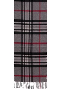 Šedý vlněný šátek s klasickým kostkovaným vzorem v černé, červené a šedé barvě, se třásněmi na okrajích pro lepší texturu.