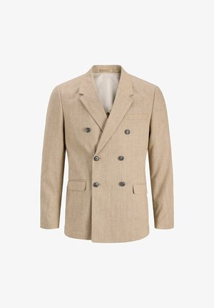 Bežs divrindu žakets ar vertikālām svītrām, divām priekšējām kabatām un pelēkiem pogām. Izgatavots no teksturēta auduma, ar griezuma atlokiem.