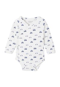 Langarm-Babybodysuit aus weißer Baumwolle, mit einem blauen Auto-Print, Wickeldesign und Druckknopfverschluss am unteren Ende für ein einfaches Anziehen.
