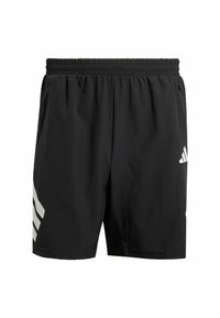 Schwarze Sportshorts mit elastischem Bund, mit einem weißen Dreistreifenmuster auf der linken Seite und einem Logo auf der rechten Vorderseite.