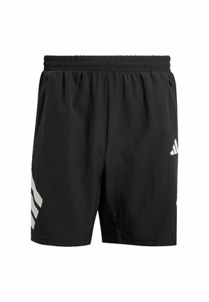 Sorte atletiske shorts med en elastisk talje, der har et hvidt tre-stribe mønster på venstre side og logo på højre front.