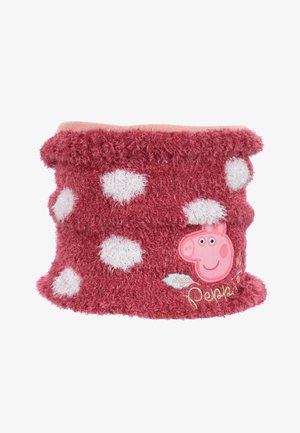 Scaldacollo rosso peloso con pois bianchi, caratterizzato da un design ricamato con un maialino cartoon e foglie. Texture morbida, forma arrotondata.
