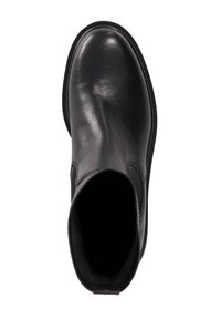 Black leather ankle boot with a smooth texture, rounded toe, elastic side panels, and a stitched sole detail.