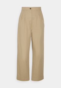 Beige, brede broek met hoge taille, voorzien van voorplooien en een knoopsluiting. Gemaakt van een lichte, soepele stof.
