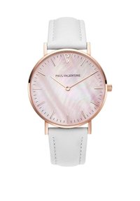 Runde Uhr mit Gehäuse aus roségold, weißem Lederarmband und Zifferblatt aus Perlmutt. Verfügt über minimalistische Stundenmarkierungen und Logo.