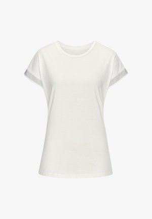 Weißes Baumwoll-T-Shirt mit kurzen Ärmeln, mit Mesh-Akzenten an den Schultern und einem klassischen Rundhalsausschnitt. Weiche Textur, reguläre Passform.