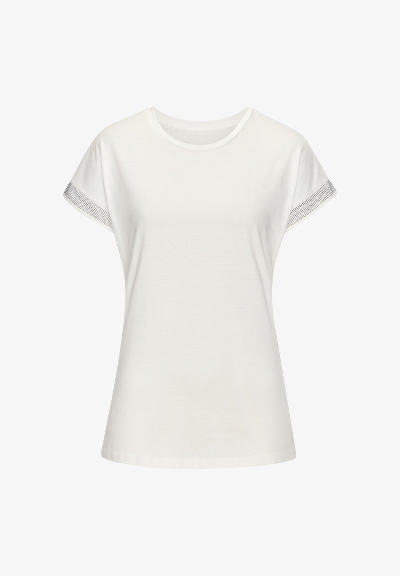 Camiseta de algodón blanca de manga corta, con acentos de malla en los hombros y un clásico escote redondo. Textura suave, corte regular.