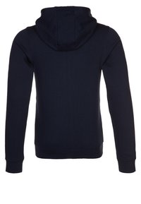 Sweat à capuche bleu marine foncé uni, manches longues, poignets et ourlet côtelés, vu de dos sur fond blanc.