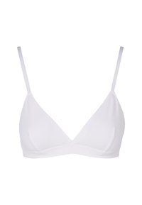Brassière blanche sans fil avec une texture lisse, des bonnets triangulaires, de fines bretelles réglables et des bords sans couture pour plus de confort.