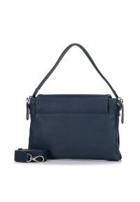 Granatowa skórzana torebka o strukturalnym kształcie, z górnym zamkiem błyskawicznym, odczepianym paskiem i przednią kieszenią z minimalistycznymi detalami zszycia.