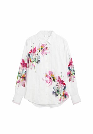 Baltas marškinėlis su gėlių raštu rožinės, violetinės ir mėlynos spalvos. Su subtiliomis vertikaliomis linijomis ir kontrastingomis dryžuotomis rankogaliais.