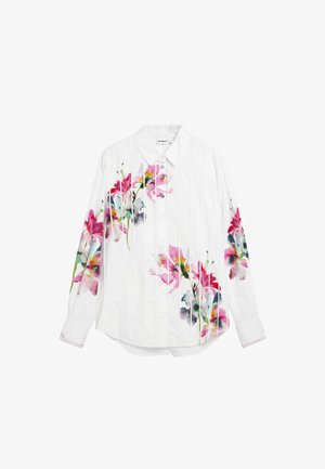 Cămașă albă cu nasturi, cu imprimeu floral în roz, mov și albastru. Prezintă dungi verticale subtile și manșete contrastante cu dungi.