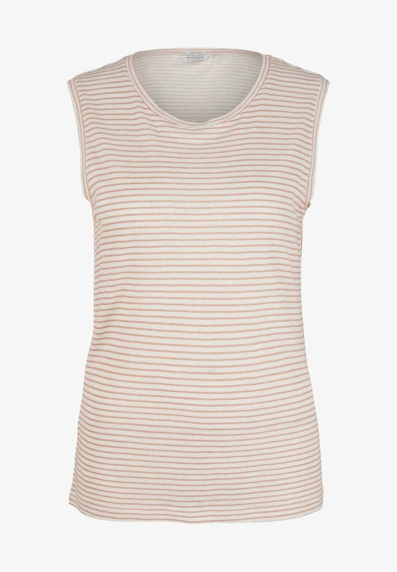 Débardeur sans manches en tissu léger avec des rayures horizontales rose et blanche. Encolure ronde et coupe décontractée.