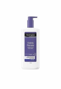 Neutrogena Visibly Renew kroppslotion i en vit flaska med en lila pump. Har en lila etikett som beskriver kollagen-boostande egenskaper.